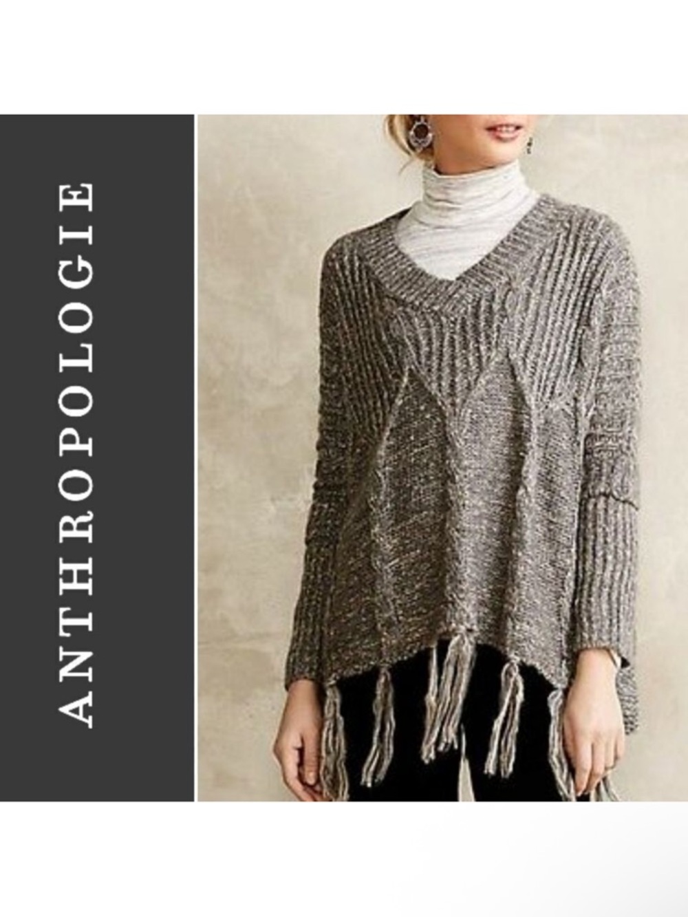 Anthropologie LOVE TOKEN Heathered Cable Fringe Poncho Sweater XS/S